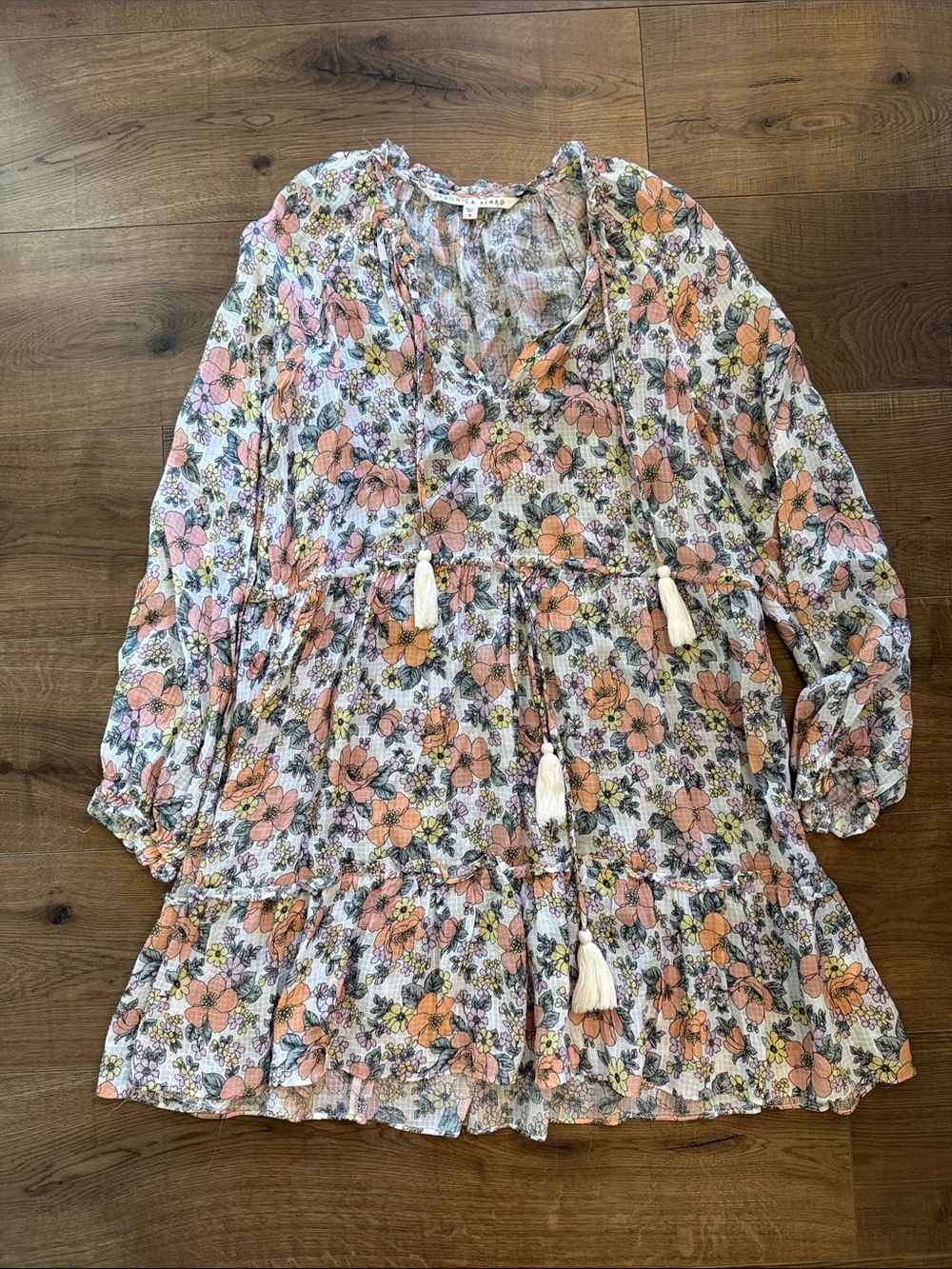 Veronica Beard Peach & White Floral Tassel Tunic